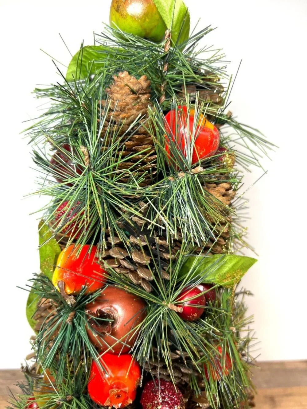 Holiday Centerpiece Pinecone Tree With Faux Fruit & Greenery Accents Glitter 17